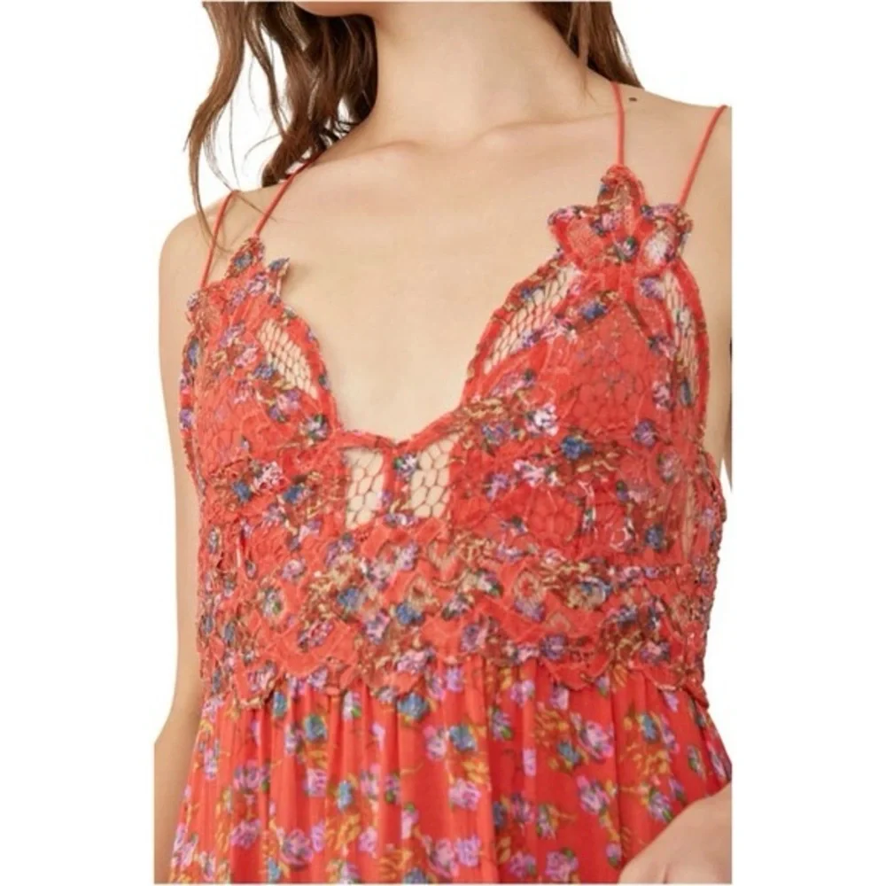 Free People Adella floral printed slip mini dress, featuring a lace bodice Small